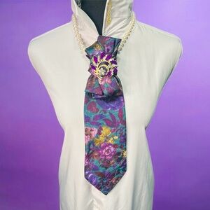 Floral Purple Multicolored Necktie featuring Purple/Gold Brooch